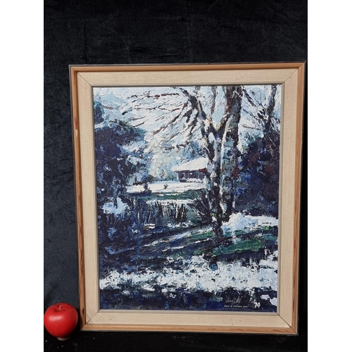 832 - An original thick oil impasto painting on board titled 'Snow on Stephens Green' dated 1974. Features... 