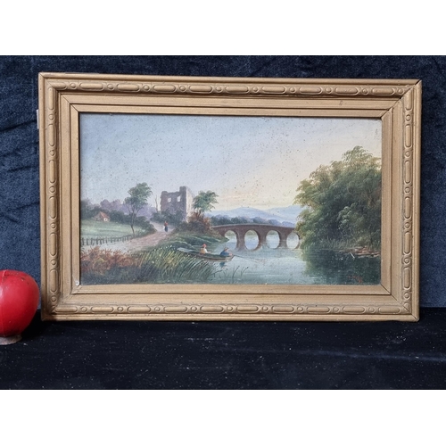 836 - A charming Dutch school oil on canvas painting. Features a riverside landscape with arched bridge. A... 