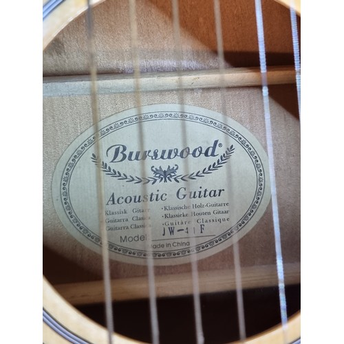 150 - A brilliant Burswood six string acoustic guitar with matching guitar travel case. In good condition.