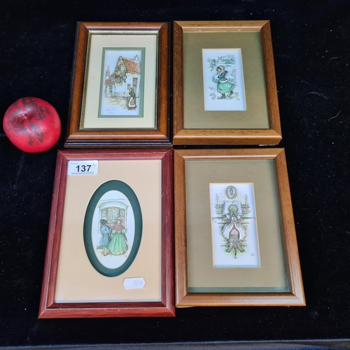 137 - Four fabulous 3D paper tole art pieces, all housed in wooden frames behind glass.