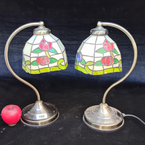 160 - A pair of beautiful tiffany style lampshades in vibrant tones of red, green and blue.