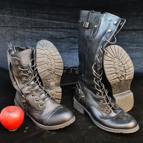 174 - Two pairs of ladies black leather lace up boots, including tall motor cycle boots. Both size UK6 / E... 