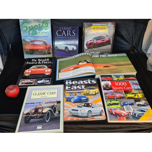 176 - An assortment of eight hardback books of classic sports cars including a fabulous 'Four For the Road... 