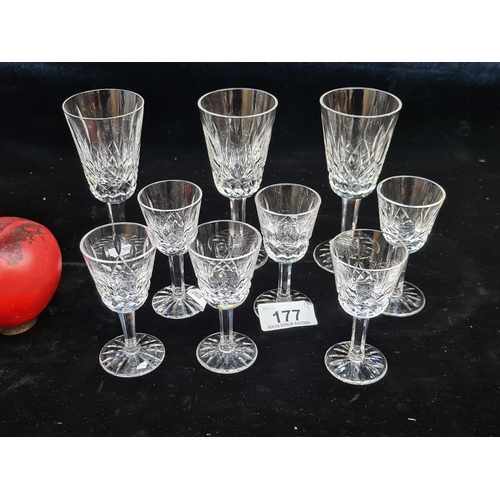 177 - Nine stunning Waterford Crystal glasses including six sherry examples and 3 wine glasses, all in goo... 