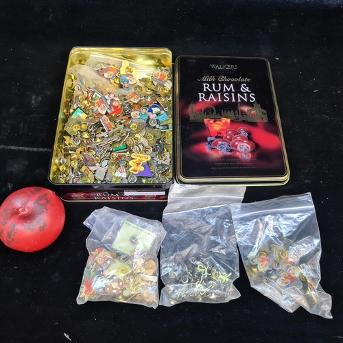 178 - A tin containing a large assortment of vintage enamel pins / badges. Inc football pins.