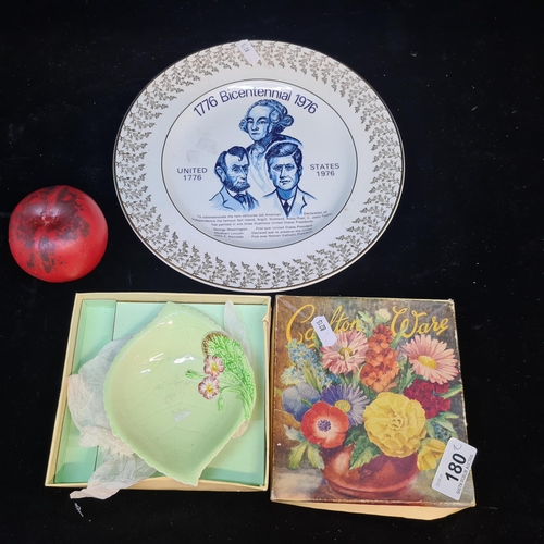 180 - A very pretty vintage  Carlton ware leafdish in its original box, along with a 1976 Bicentennial pla... 