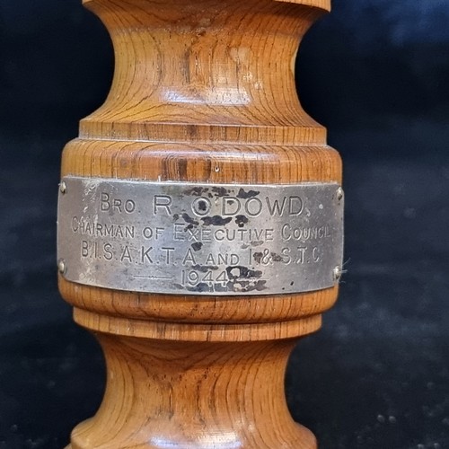 126 - A vintage 1944 gavel featuring a plaque engraved 'Bro. R. O'Dowd Chairman of Executive Council B.I.S... 
