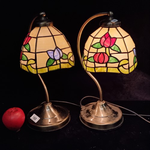 160 - A pair of beautiful tiffany style lampshades in vibrant tones of red, green and blue.