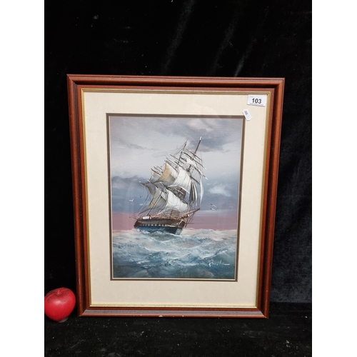 103 - An eye catching original oil on board painting of a maritime scene featuring schooner ship on choppy... 