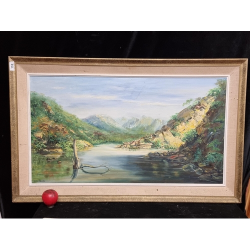 110 - A brilliant large oil on panel board painting. Features a serene landscape with lush foliage and gre... 