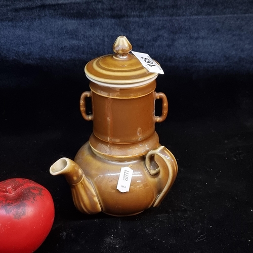 168 - A fab 1950s porcelain coffee pot that separates into four parts. In a brown glaze finish.