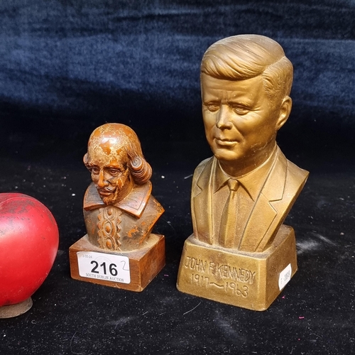 216 - A hand carved small wooden bust of Shakespeare along with a larger bust of John F. Kennedy.