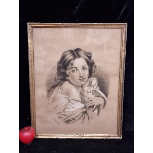 64 - A graceful antique charcoal on paper drawing. Features a portrait of a young girl holding a dove. Ac... 