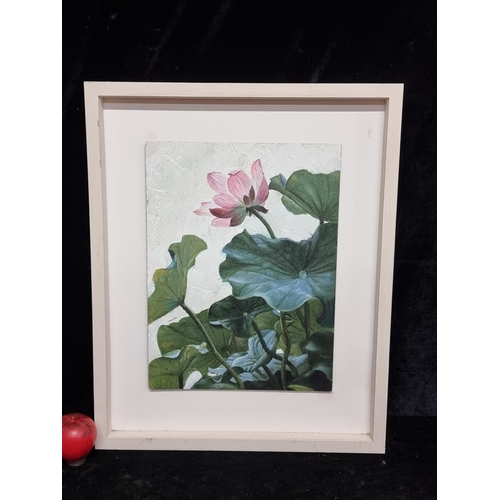 71 - An excellent original oil on board painting. Features a botanical study of a Lotus flowers. Rendered... 