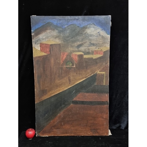 79 - A large original oil on canvas painting titled 'Perspective in street scene' dated July 1991. Featur... 