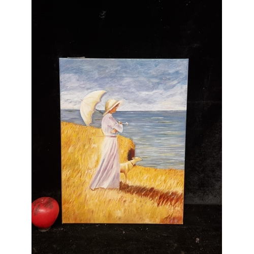 81 - A charming oil on canvas painting. Features a elegant woman with parasol and a faithful dog. Rendere... 