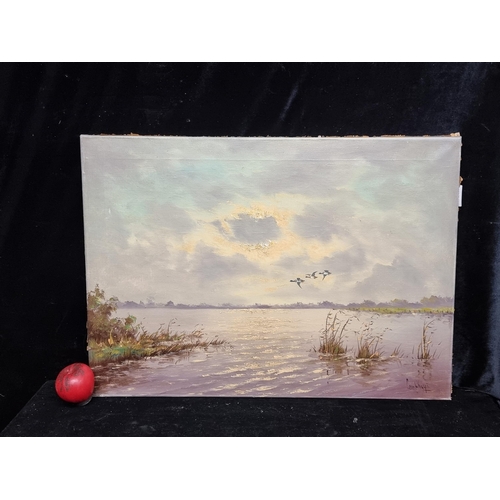 83 - A large oil on canvas painting. Features a serene sunset lakeside landscape scene with trio of Malla... 