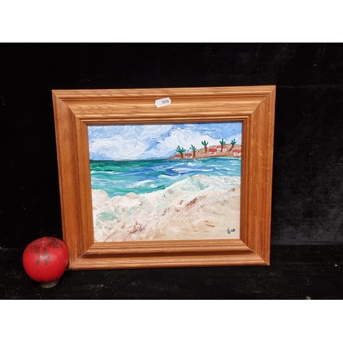 87 - A colourful original oil on canvas painting. Features a Mediterranean coastal scene with impressioni... 