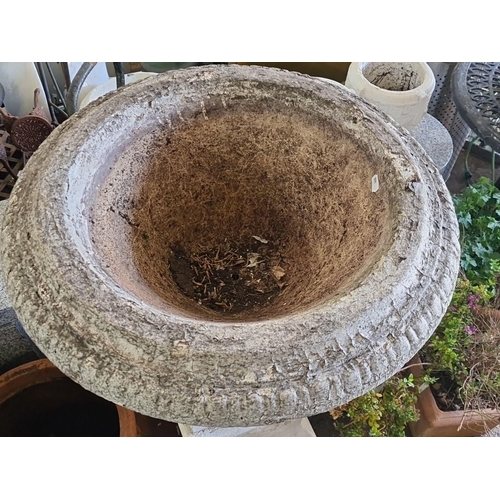 875 - Star lot : A classical-style garden urn on pedestal, stone composition featuring decorative foliage ... 