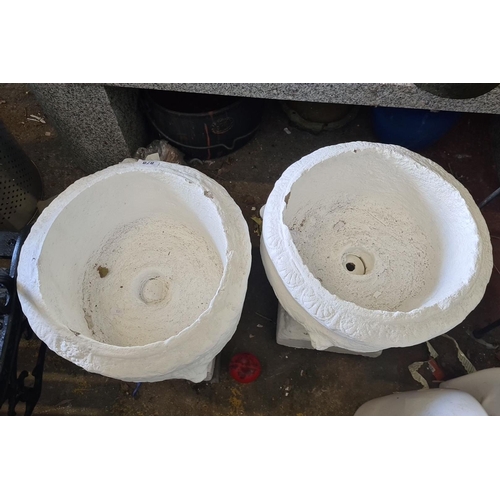 878 - Star lot : A pair of good size classical-style garden urns featuring a white textured finish.