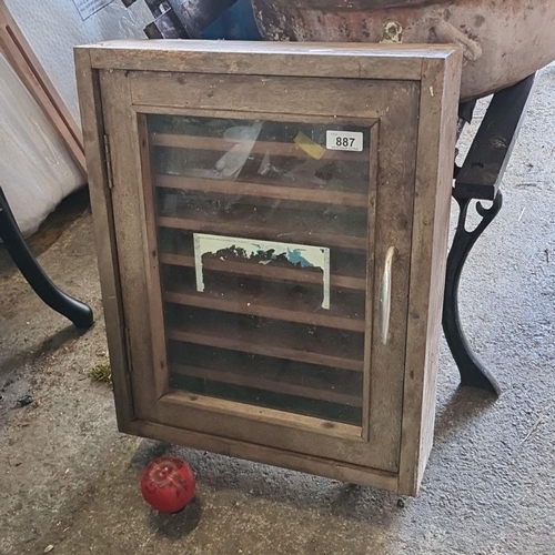 887 - A vintage wooden wall-mounted collectors cabinet with dovetail joints and glass door. looks like a g... 