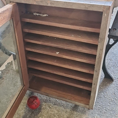 887 - A vintage wooden wall-mounted collectors cabinet with dovetail joints and glass door. looks like a g... 