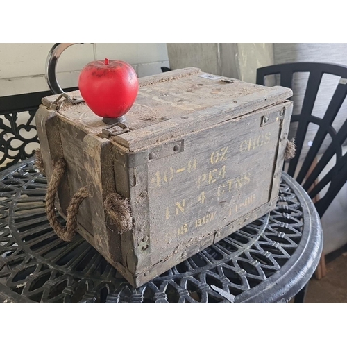 888 - A vintage wooden Ammo box , an interesting piece with original painted markings and rope handles.