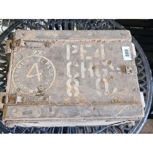 888 - A vintage wooden Ammo box , an interesting piece with original painted markings and rope handles.