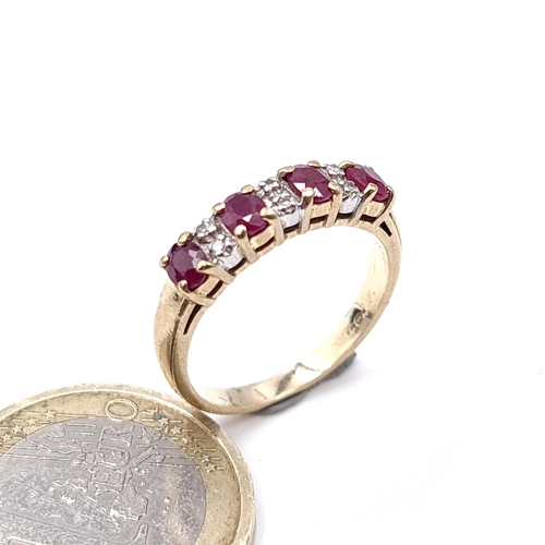 907 - Star Lot: A diamond and ruby ring. Diamond stamped to band set in nine carat gold (375) Size - N. We... 