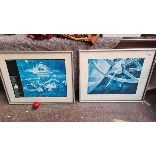 952 - Pair of framed prints depicting conceptual space station designs, likely late 20th-century, artist u... 