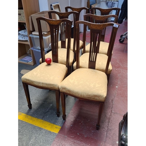 959 - Set of six Edwardian dining chairs with inlaid crest rails and upholstered seats. These are lovely, ... 