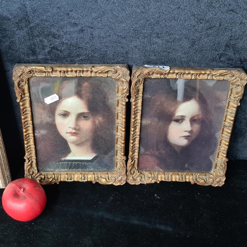 119 - Two Macabre Antique prints of Victorian Era Sisters. Housed in delicately carved wood gilt frames be... 