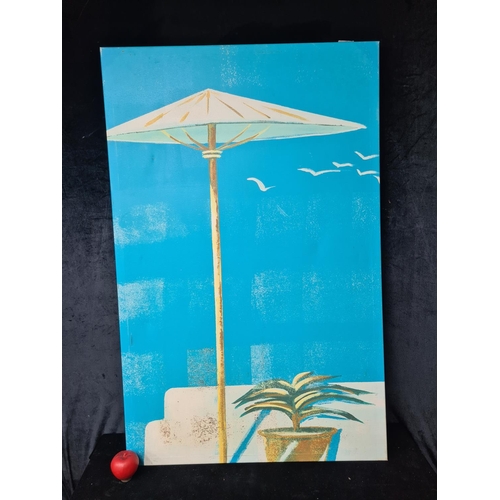 131 - A very large print on canvas showing a sun parasol with a potted plant on a bright sky blue backdrop... 