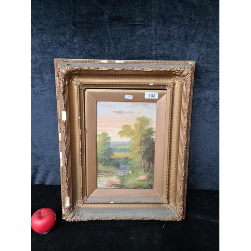 132 - An antique  serene original oil on canvas painting showing a rural landscape scene of a meandering s... 