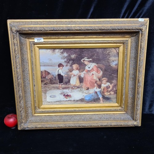 1013 - A large vintage oleograph of an oil painting by Fredrick Morgan (English. 1847 - 1927) titled Picnic... 