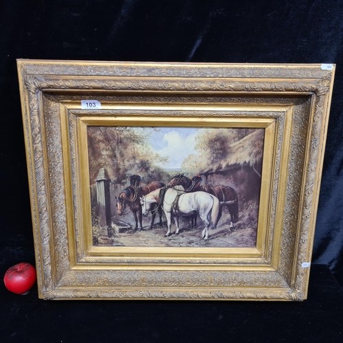 1014 - A super large vintage oleograph of a 19th century oil painting. Features three horses in harness. Ho... 