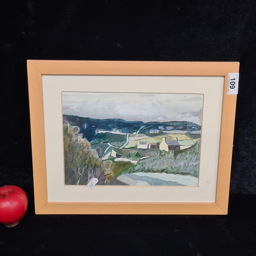 109 - A wonderful original acrylic on paper painting. Features a patchwork landscape with cottages. Housed... 