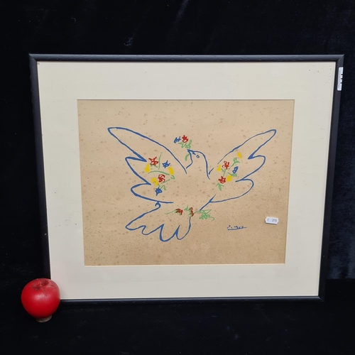 111 - A pleasant vintage lithograph of Pablo Picasso's 'Dove of Peace'. Housed in a black wooden frame beh... 