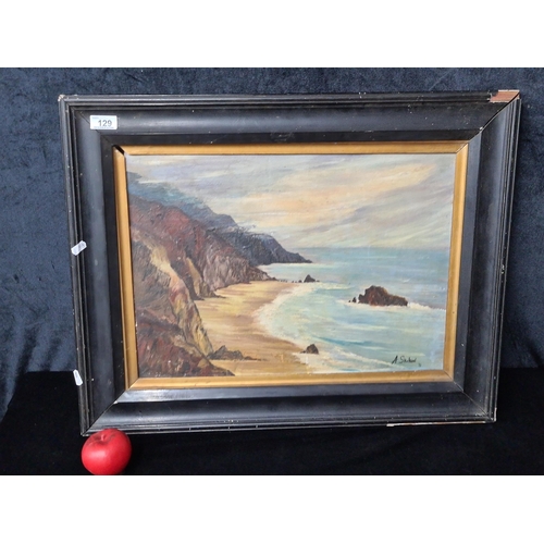 129 - A charming vintage oil on board painting. Features a coastal landscape with dramatic skies and cliff... 