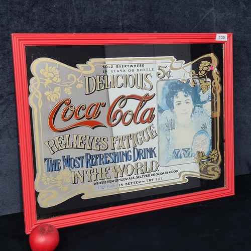 130 - A fabulous retro reverse painted glass mirror advertising 'Coca Cola'. Housed in a red wooden frame.