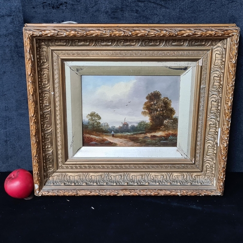 134 - Star Lot : A Dutch school oil on board painting. Features a country side landscape with windmill and... 