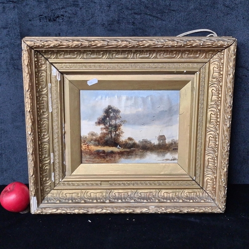 135 - Star Lot : A Dutch school oil on board painting. Features a country side landscape with windmill and... 