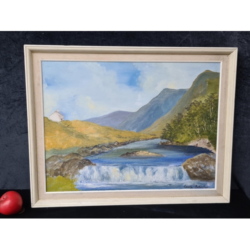 145 - A bright original oil on board painting. Features a weir set into a mountainous landscape in a harmo... 