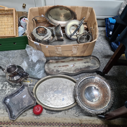 201 - A large box comprising of silver plated EPNS items including teapots and serving dishes of various s... 