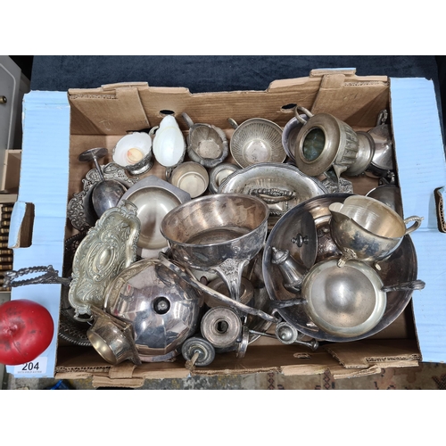 204 - A large box comprising of elegant EPSN silver plated kitchenware items. Including tea pot, milk jugs... 