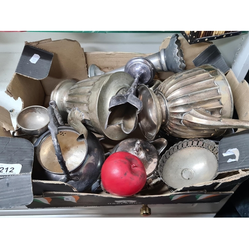 212 - A big box containing a large assortment of silver plated items including two large teapots.