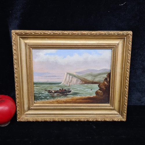 75 - An antique charming oil on canvas painting. Features coastal scene with fishermen and sunlit white c... 