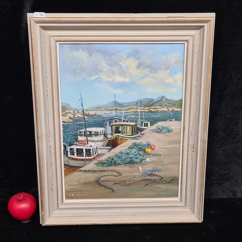 81 - An original handsome oil on canvas painting. Features a complex harbour scene with fishing boats, co... 