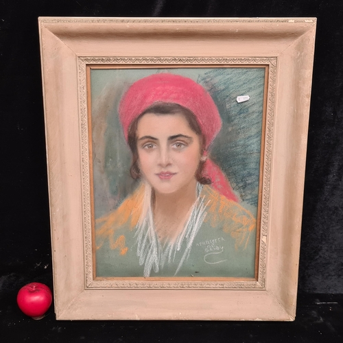 87 - Star Lot: A large original chalk pastel on coloured paper painting. Features an elegant portrait of ... 