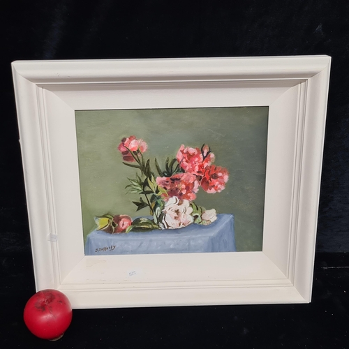 99 - A fantastic acrylic on board painting titled 'Clover Pink' featuring a still life of flowers. Render... 